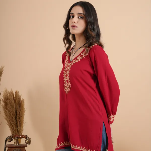Cherry_Red_Rayon_Chikankari_Short_Kurti_For_Women