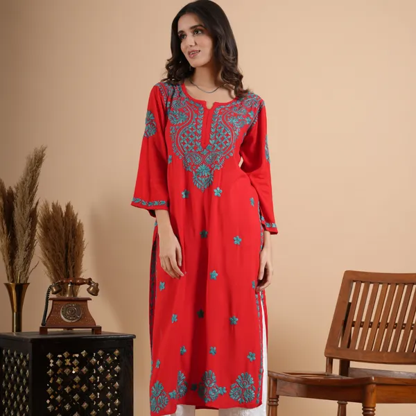 Red_Rayon_Chikankari_Kurta_For_Women