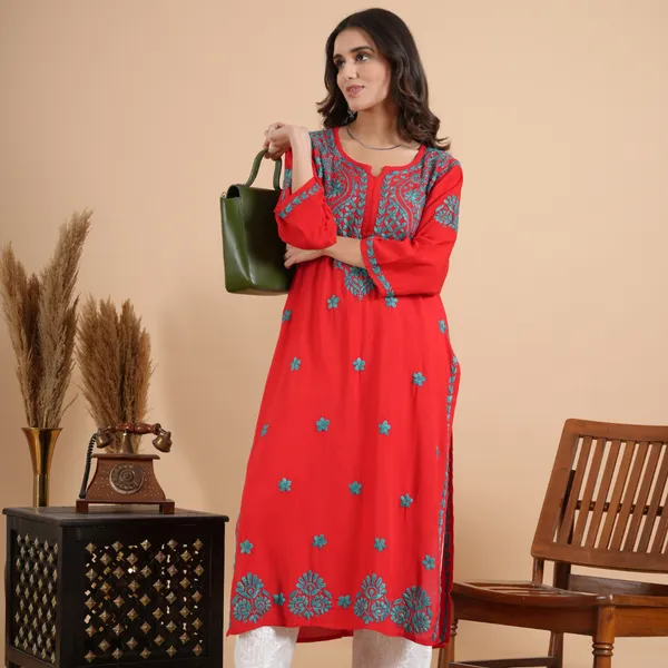 Red_Rayon_Chikankari_Kurta_For_Women