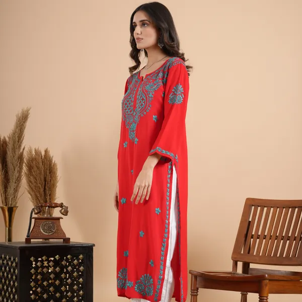 Red_Rayon_Chikankari_Kurta_For_Women
