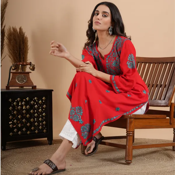 Red_Rayon_Chikankari_Kurta_For_Women