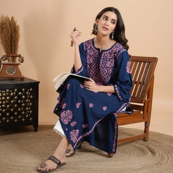Navy_Blue_Rayon_Chikankari_Kurta_For_Women
