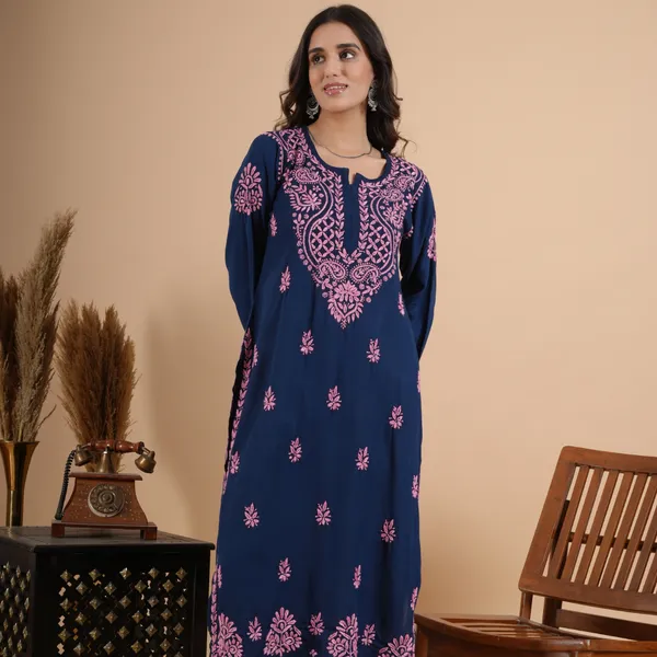 Navy_Blue_Rayon_Chikankari_Kurta_For_Women