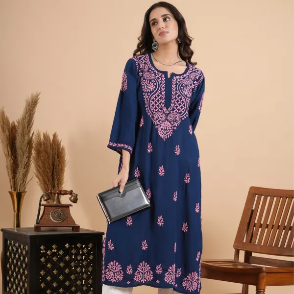 Navy_Blue_Rayon_Chikankari_Kurta_For_Women