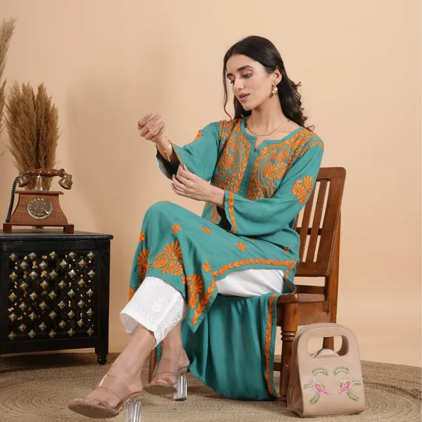 Teal_Green_Rayon_Chikankari_Kurta_For_Women