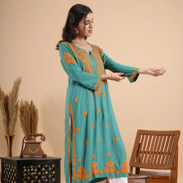 Teal_Green_Rayon_Chikankari_Kurta_For_Women