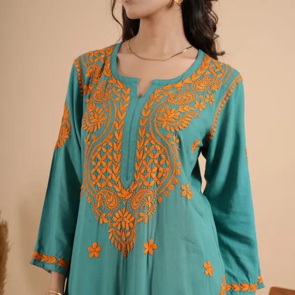 Teal_Green_Rayon_Chikankari_Kurta_For_Women