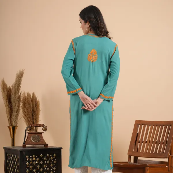 Teal_Green_Rayon_Chikankari_Kurta_For_Women
