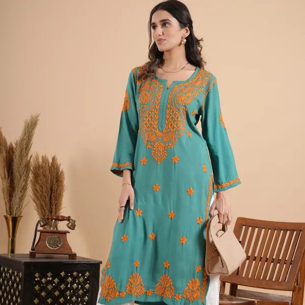 Teal_Green_Rayon_Chikankari_Kurta_For_Women