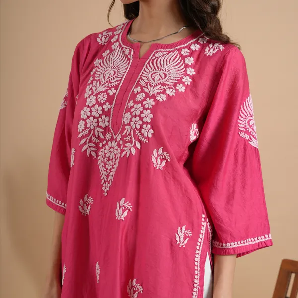 Magenta_Pink_Chanderi_Chikankari_Kurta_For_Women