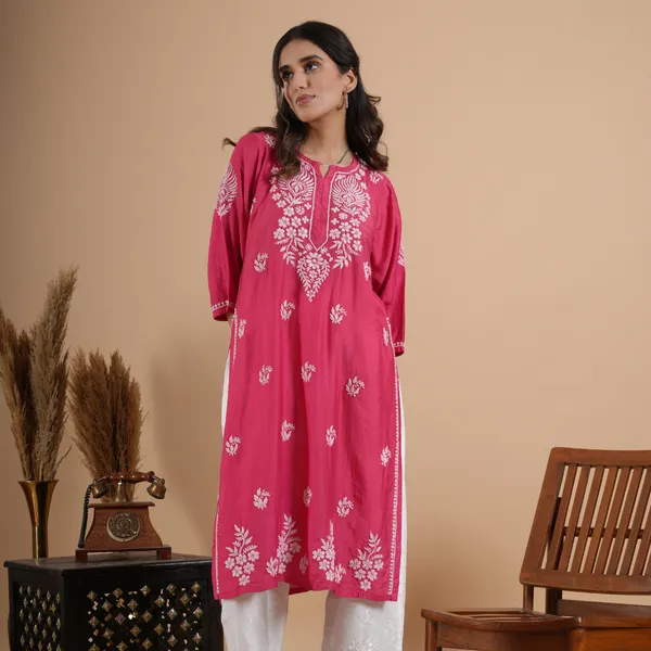 Magenta_Pink_Chanderi_Chikankari_Kurta_For_Women