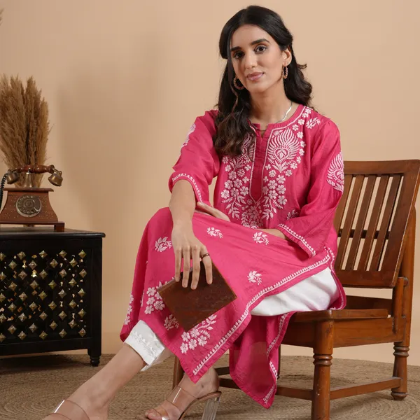 Magenta_Pink_Chanderi_Chikankari_Kurta_For_Women