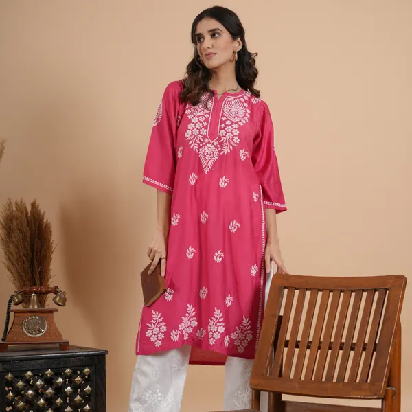 Magenta_Pink_Chanderi_Chikankari_Kurta_For_Women