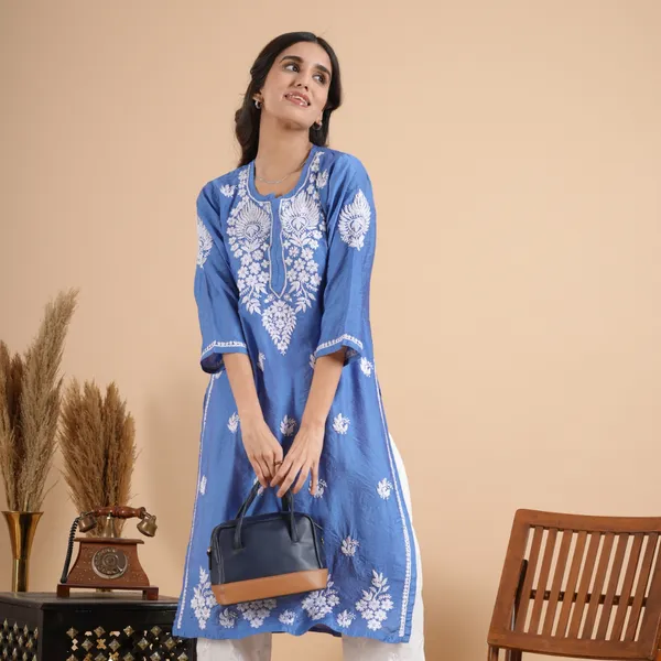 Sky_Blue_Chanderi_Chikankari_Kurta_For_Women