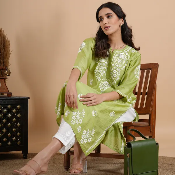 Lime_Green_Chanderi_Chikankari_Kurta_For_Women