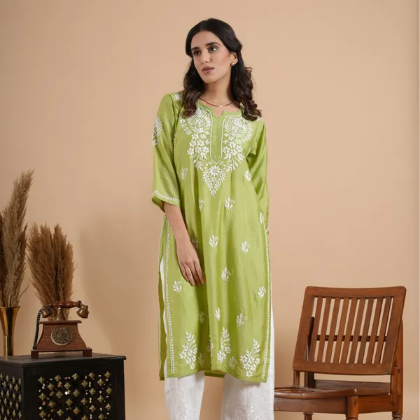 Lime_Green_Chanderi_Chikankari_Kurta_For_Women