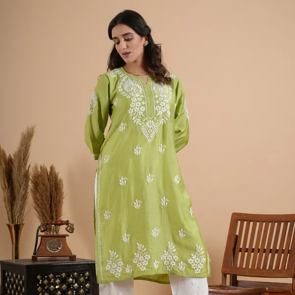 Lime_Green_Chanderi_Chikankari_Kurta_For_Women