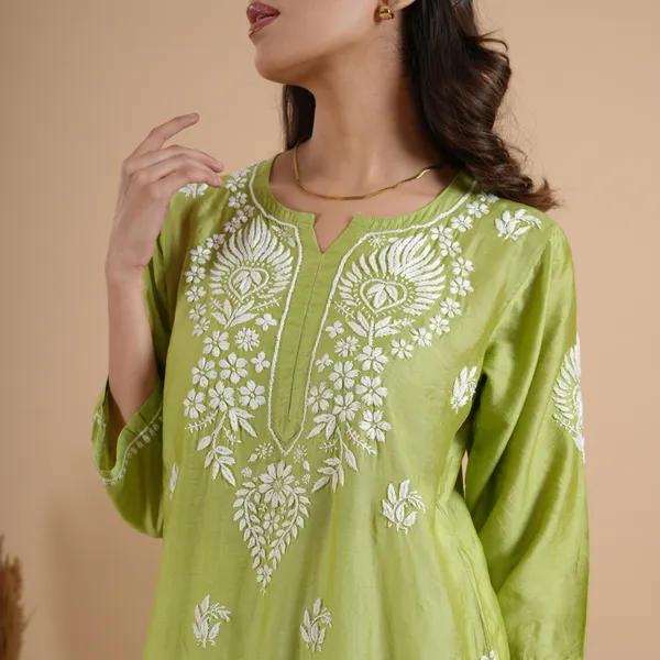 Lime_Green_Chanderi_Chikankari_Kurta_For_Women