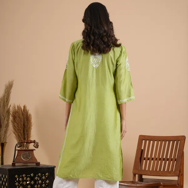 Lime_Green_Chanderi_Chikankari_Kurta_For_Women