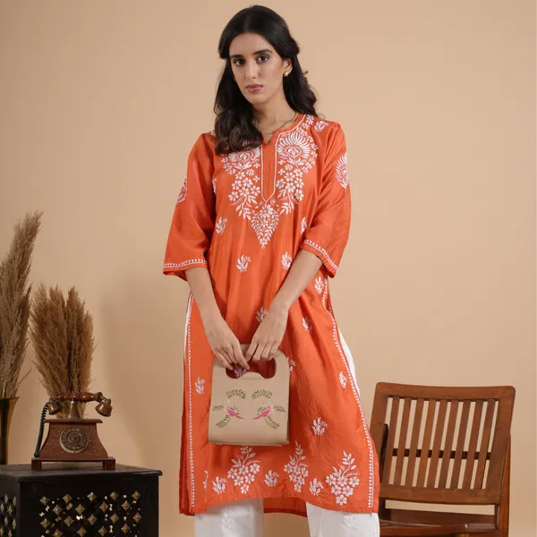 Brick_Red_Chanderi_Chikankari_Kurta_For_Women