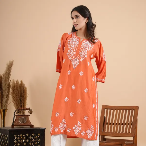 Brick_Red_Chanderi_Chikankari_Kurta_For_Women