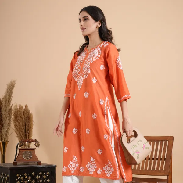 Brick_Red_Chanderi_Chikankari_Kurta_For_Women