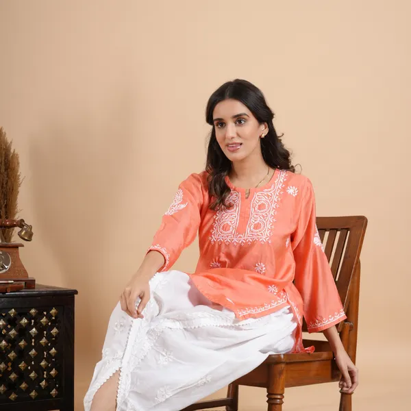 Peach_Rayon_Chikankari_Short_Kurti_For_Women