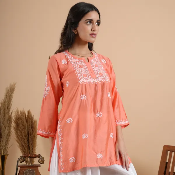 Peach_Rayon_Chikankari_Short_Kurti_For_Women