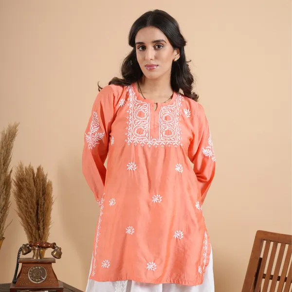 Peach_Rayon_Chikankari_Short_Kurti_For_Women