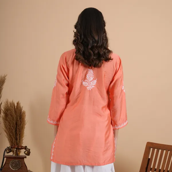 Peach_Rayon_Chikankari_Short_Kurti_For_Women