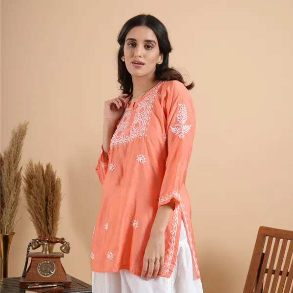 Peach_Rayon_Chikankari_Short_Kurti_For_Women