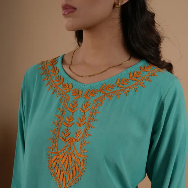 Teal_Green_Rayon_Chikankari_Short_Kurti_For_Women