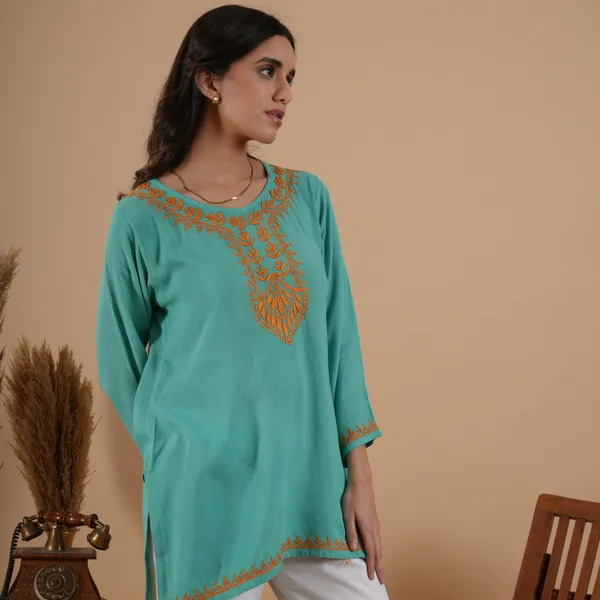 Teal_Green_Rayon_Chikankari_Short_Kurti_For_Women