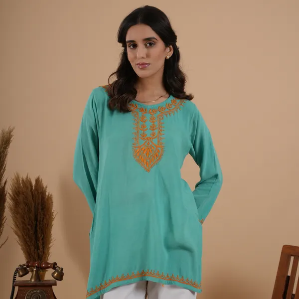 Teal_Green_Rayon_Chikankari_Short_Kurti_For_Women