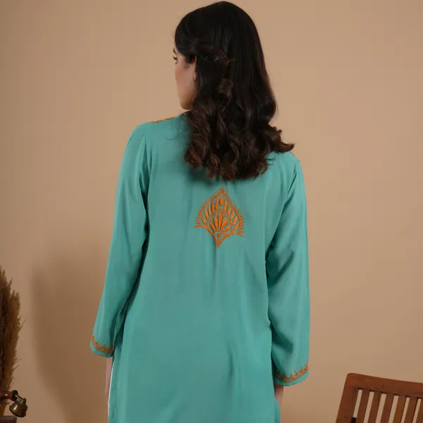 Teal_Green_Rayon_Chikankari_Short_Kurti_For_Women