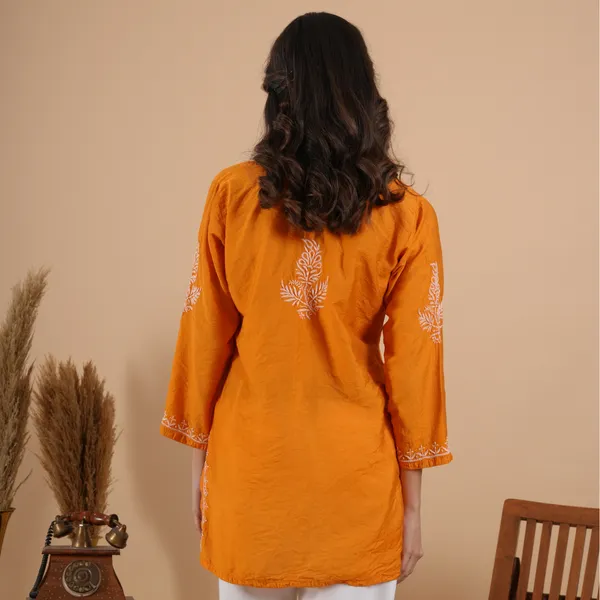 Rust_Orange_Chanderi_Chikankari_Short_Kurti_For_Women