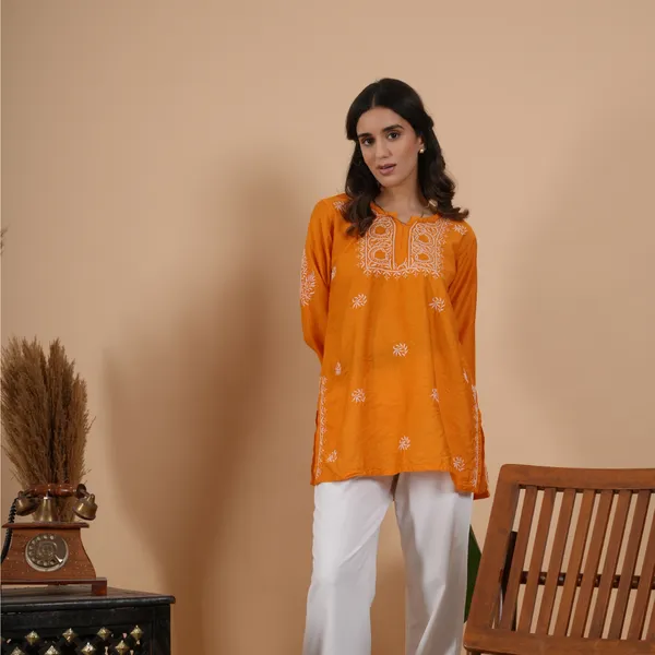 Rust_Orange_Chanderi_Chikankari_Short_Kurti_For_Women