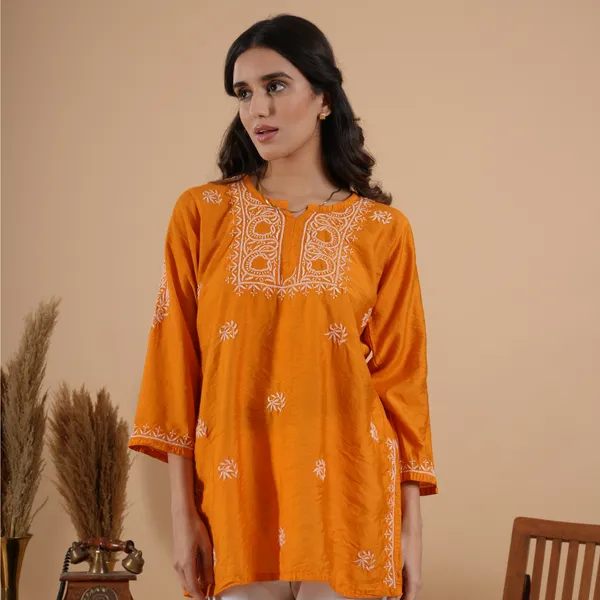 Rust_Orange_Chanderi_Chikankari_Short_Kurti_For_Women