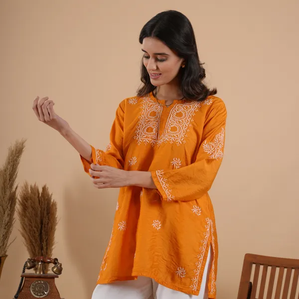Rust_Orange_Chanderi_Chikankari_Short_Kurti_For_Women
