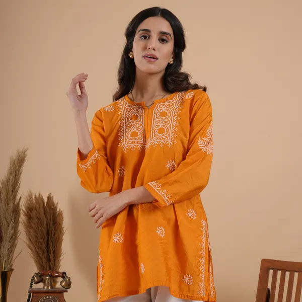 Rust_Orange_Chanderi_Chikankari_Short_Kurti_For_Women
