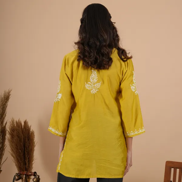 Lime_Yellow_Chanderi_Chikankari_Short_Kurti_For_Women