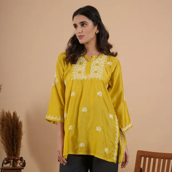 Lime_Yellow_Chanderi_Chikankari_Short_Kurti_For_Women