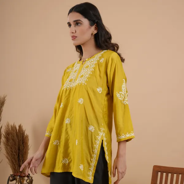 Lime_Yellow_Chanderi_Chikankari_Short_Kurti_For_Women