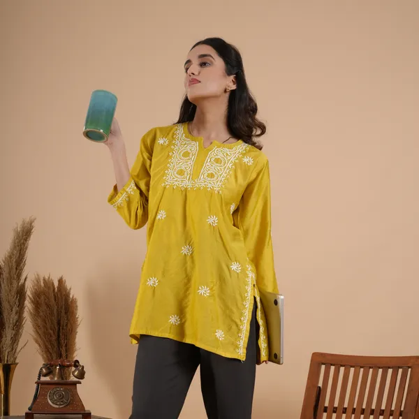 Lime_Yellow_Chanderi_Chikankari_Short_Kurti_For_Women