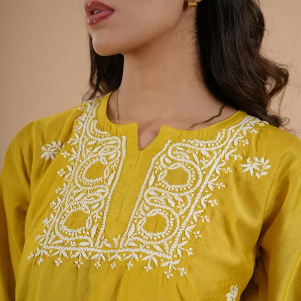 Lime_Yellow_Chanderi_Chikankari_Short_Kurti_For_Women
