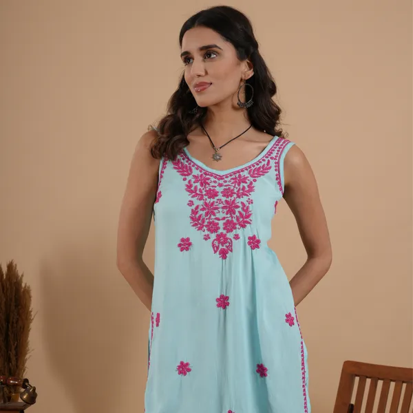 Turquoise_Blue_Rayon_Chikankari_Sleeveless_Short_Kurti_For_Women