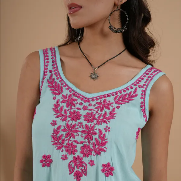 Turquoise_Blue_Rayon_Chikankari_Sleeveless_Short_Kurti_For_Women