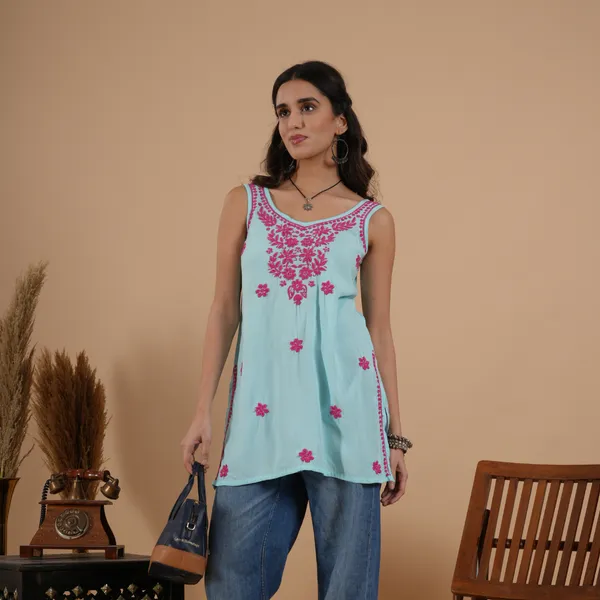 Turquoise_Blue_Rayon_Chikankari_Sleeveless_Short_Kurti_For_Women
