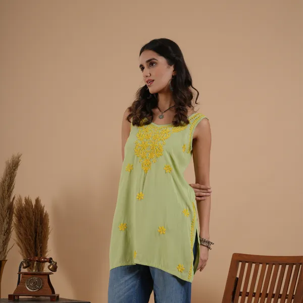Parrot_Green_Rayon_Chikankari_Sleeveless_Short_Kurti_For_Women