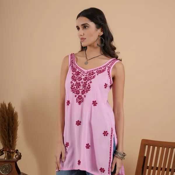 Baby_Pink_Rayon_Chikankari_Sleeveless_Short_Kurti_For_Women